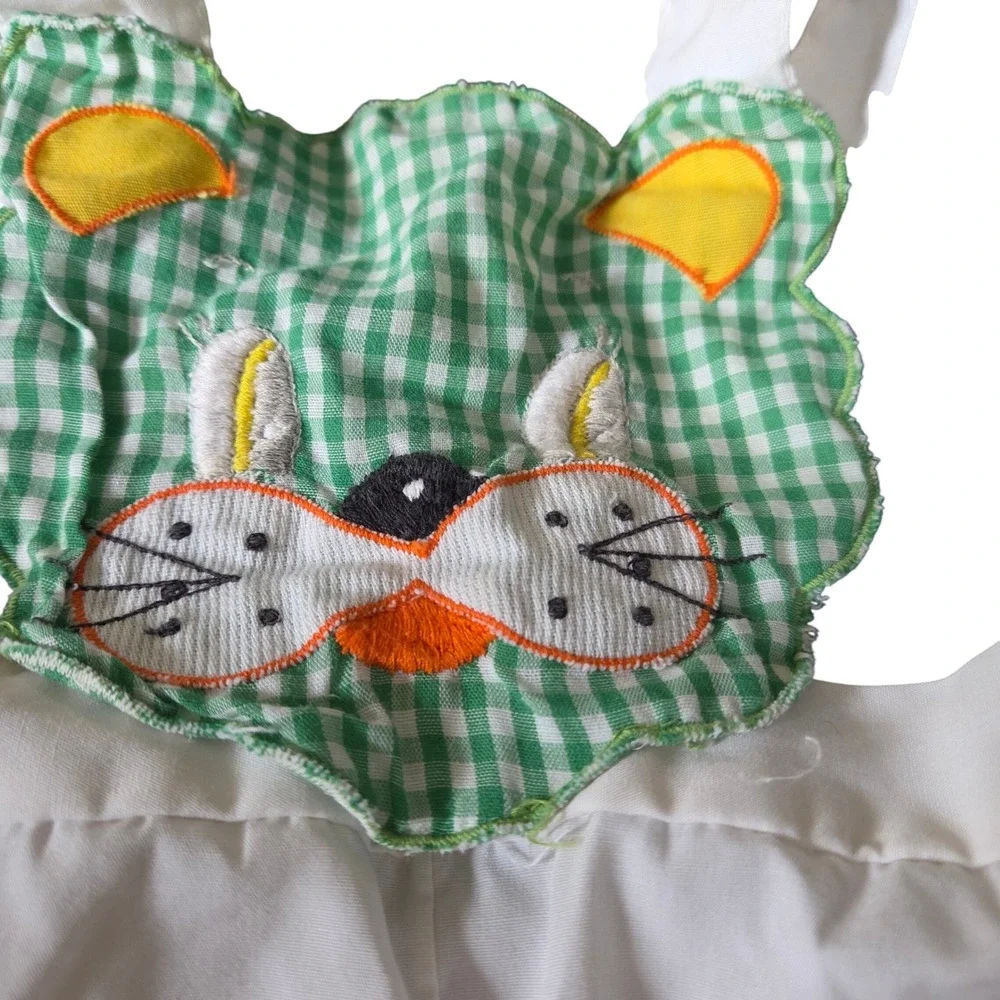 Vintage Green Gingham Cat Face Baby Romper White Shorts 18 Months 8220K